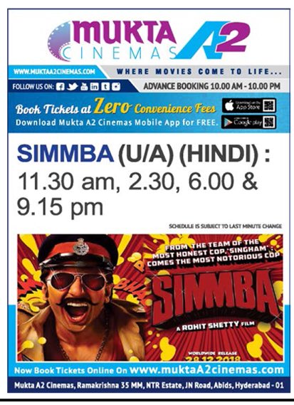 RanveeriansFC's tweet photo. It’s showtime! #Simmba releases worldwide today! 🐯🍿💯🤩 #SimmbaToday #SimmbaInCinemasToday https://t.co/dDwv8lbtly
