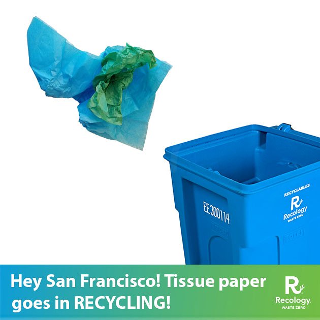RecologySF's tweet image. Hey San Francisco! Tissue paper from gifts goes in the blue, recycling bin. Make sure it is free from plastic or metal, clean, and dry. If it is wet, soiled, or shredded then tissue paper is best in the green bin. #wheredoesitgo