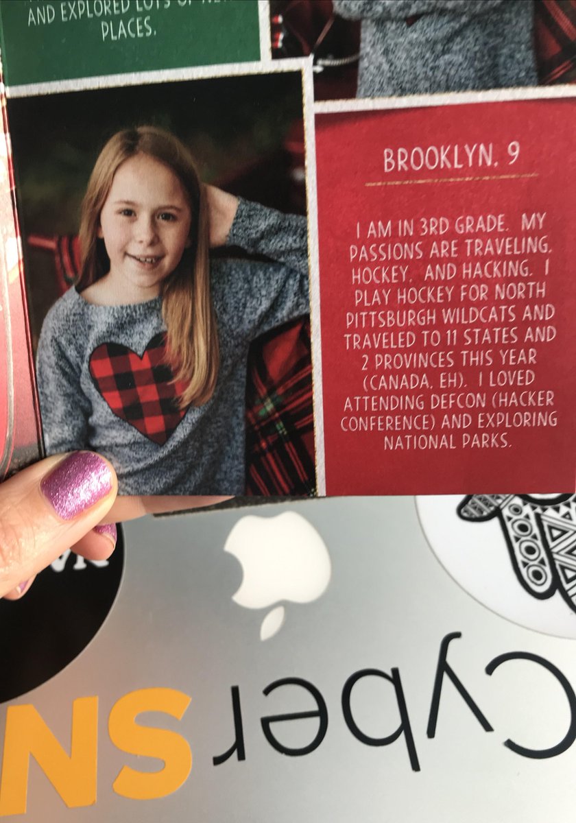 DeidreDiamond's tweet photo. Friends, how awesome is this? Our Sr. Cybersecurity Architect and Strategist, brought his daughter to DEFCON26. Look what she wrote on her holiday card. So awesome! Let's bring more girls and boys to events like #DEFCON. #daughters #sons https://t.co/MXoxG1pPYt