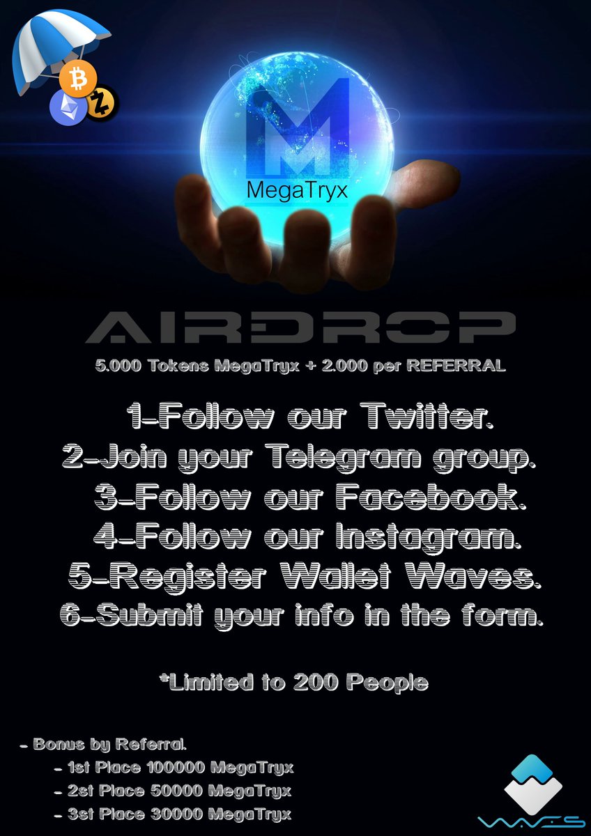 MegaTryxCrypto's tweet photo. AirDrop MegaTryx - 5.000 Tokens MegaTryx + 2.000 per REFERRAL.

Bonus by Referral. 
1st place - 100000 MegaTryx
2st place -   50000 MegaTryx
3st place -   30000 MegaTryx

Limited to 200 people

https://t.co/fAVa45H3eU https://t.co/pPbwCnx1ms