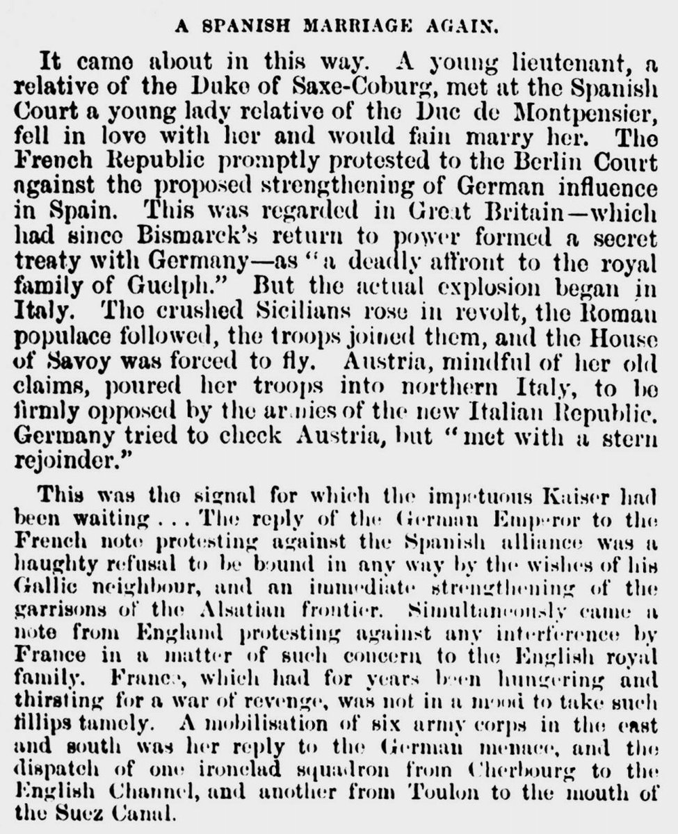 Here's more from the same piece. It's like an alternative history of the First World War, as imagined in 1894. France does quite a bit better & the war only lasts 6 months. This originally appeared in a Catholic newspaper so, naturally, the Pope steps in and fixes everything!