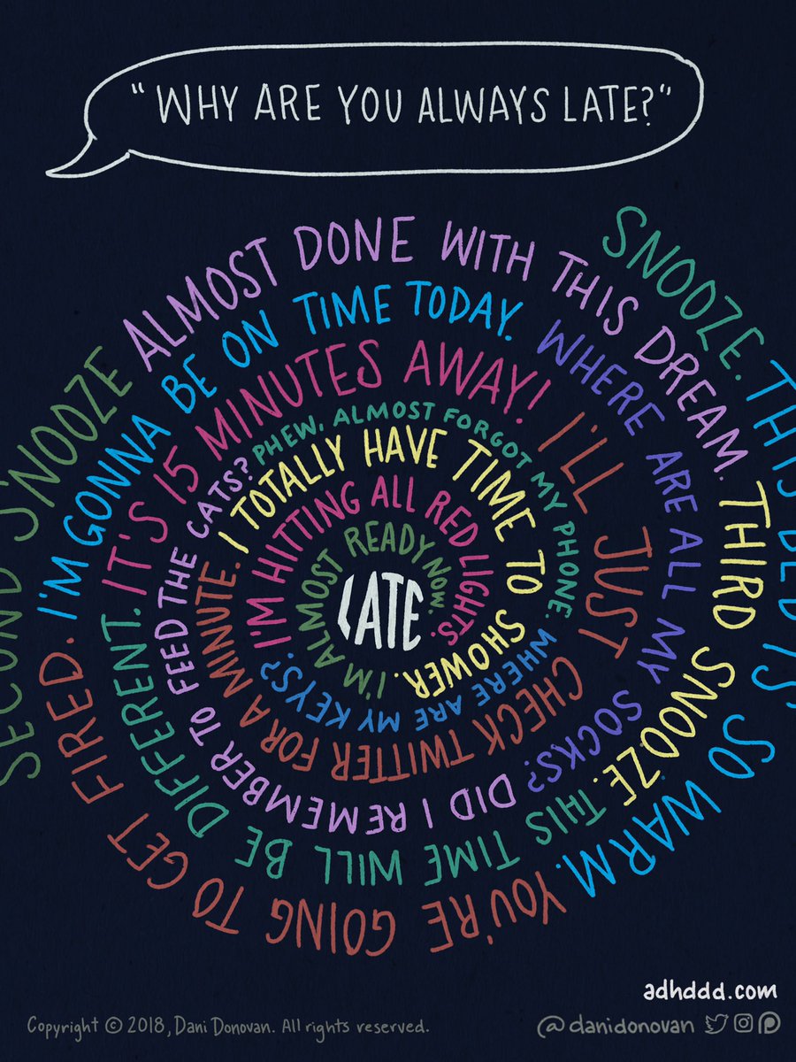 “Why are you always late?”Time mismanagement is the #1 biggest struggle for me when it comes to  #ADHD.I find myself unaware of time passing, miscalculating how long things wil take, and not planning any extra time in case of delays. It spirals out of control REAL QUICK.