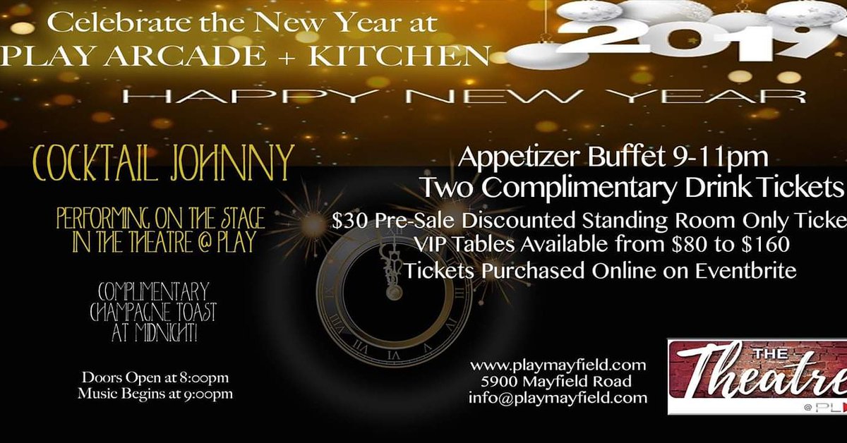 Play_Mayfield's tweet photo. Balloons will drop as we ring in the New Year in The Theatre @ Play! Get your tickets today, tables are selling fast. 
Cocktail Johnny on stage, 2 complimentary drink tickets, appetizer buffet 9-11pm, party favors and champagne toast at midnight. https://t.co/BXbKSZy37I