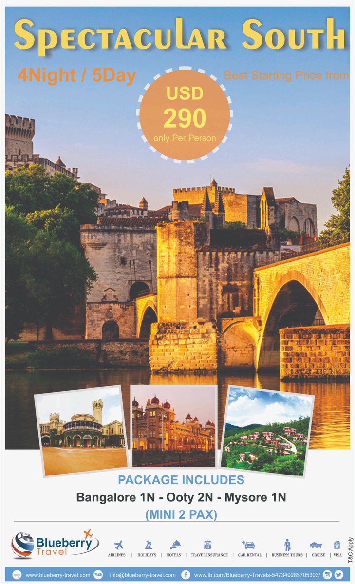 BlueBerryTravel's tweet photo. Spectacular South

4 Night/5 Days

Bangalore-Ooty-Mysore

Min 2 Pax https://t.co/eV2lTbfDtJ