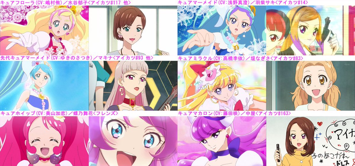 Candyrainbow On Twitter プリキュアを演じた声優さんでアイカツシリーズにも出演なさってる方を調べてみたら意外と多くてまとめるの大変でした 敬称略 複数の役を演じてる方は代表的な役１名に絞ってます プリキュア Precure アイカツ Aikatsu アイカツ