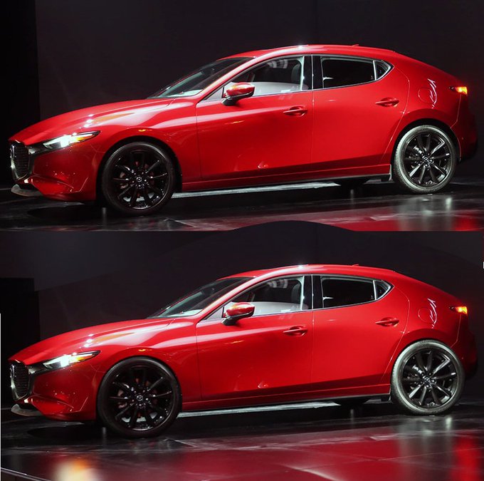 マツダの新型アクセラ(MAZDA3)ほちぃ・・・。
マツダのデザインは「引き算」のデザイン。
無駄なものをそぎ落とした先にある物体の本質の美しさです。
やっつけですが、20インチホイール&面一にした場合のルックスもなかなかの物。
これにエアロパーツも組み込んで・・・ドリームが広がる! 