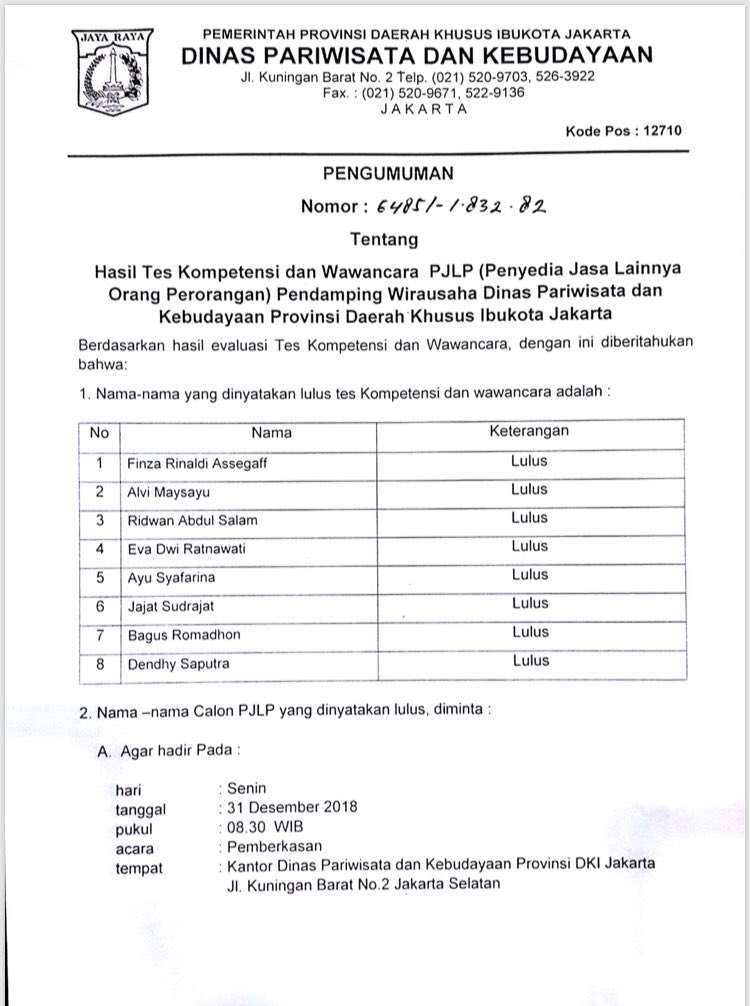 DisparbudDKI's tweet photo. Pengumuman hasil tes kompetensi dan wawancara PJLP, Pendamping Wirausaha Dinas Pariwisata dan Kebudayaan Provinsi DKI Jakarta.

#disparbuddki https://t.co/muOlVMKQrH