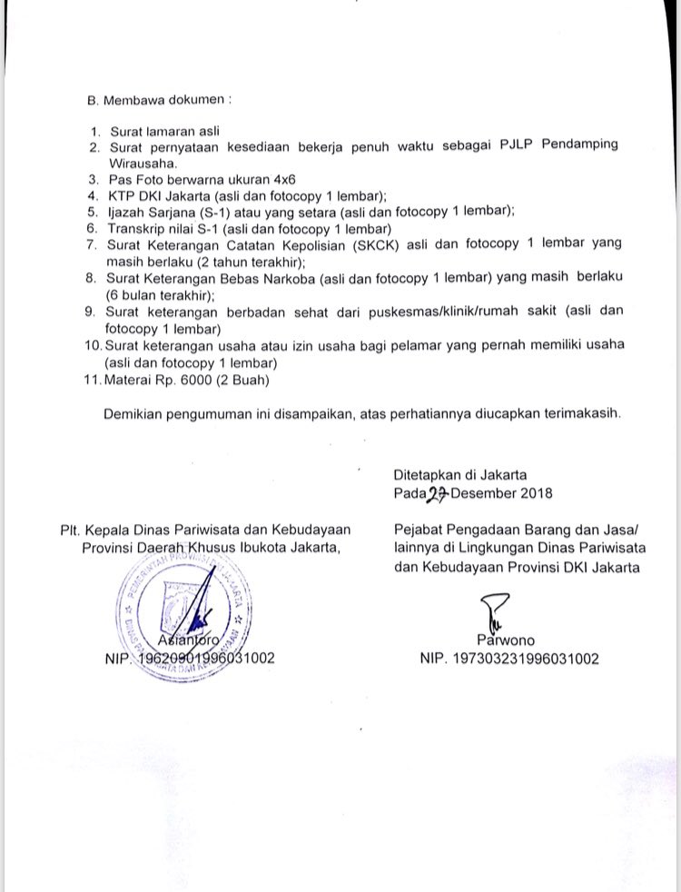 DisparbudDKI's tweet photo. Pengumuman hasil tes kompetensi dan wawancara PJLP, Pendamping Wirausaha Dinas Pariwisata dan Kebudayaan Provinsi DKI Jakarta.

#disparbuddki https://t.co/muOlVMKQrH