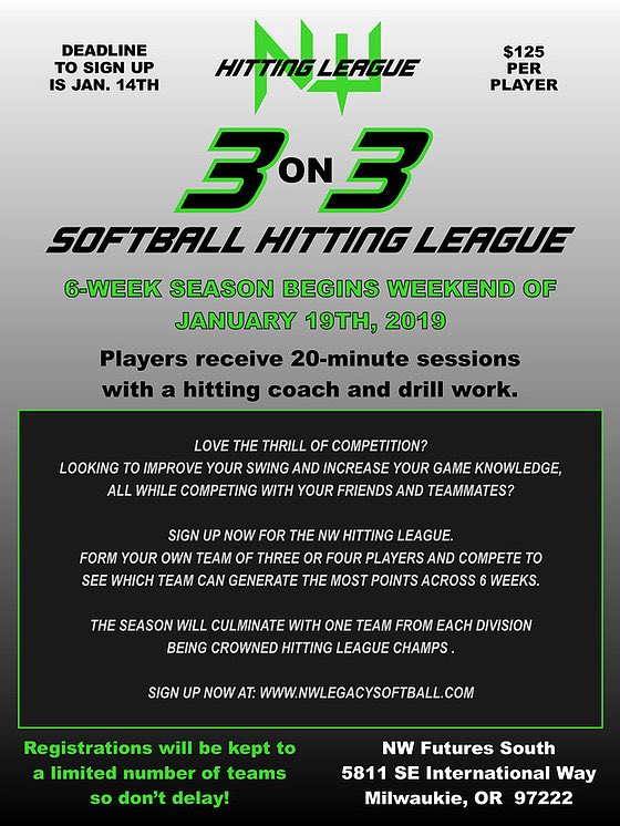 NWFutures's tweet photo. Registration is open! #3v3 #HittingLeague #Softball https://t.co/uL5UjbUZWD