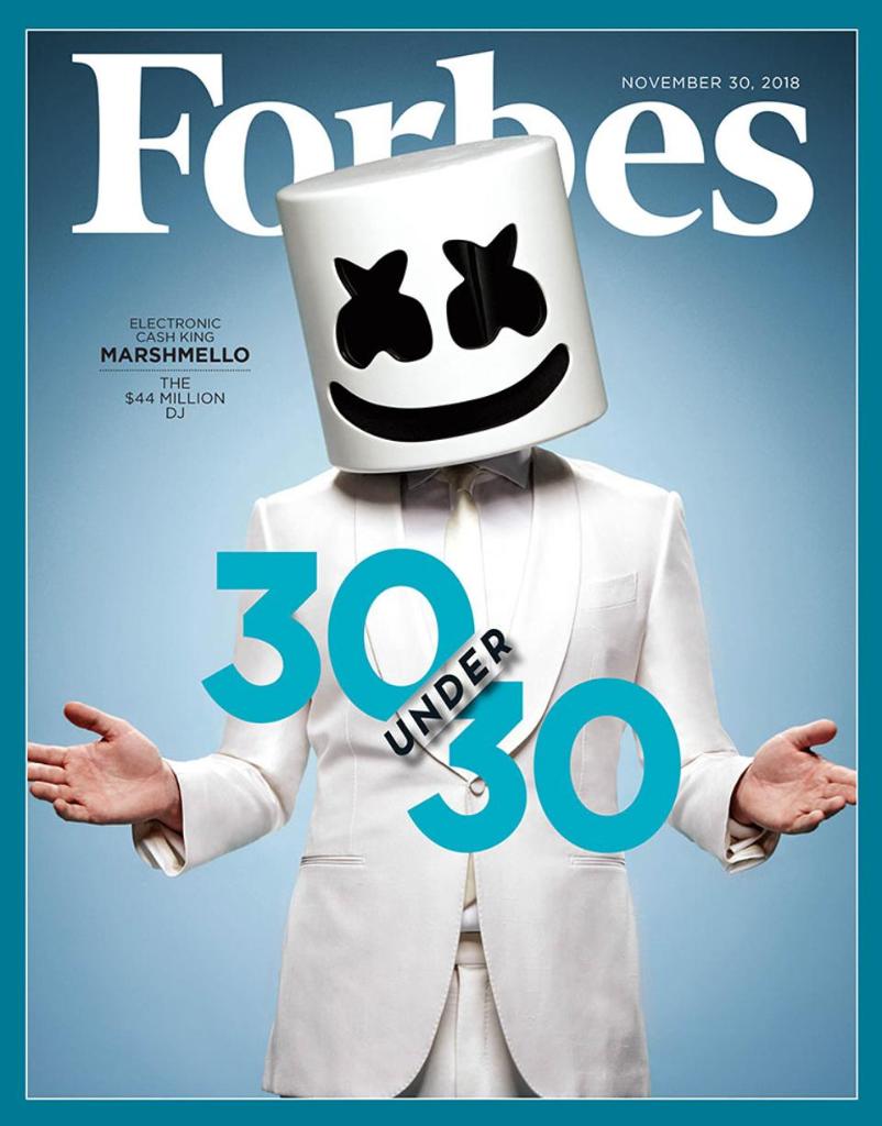 Forbes's tweet photo. #ForbesUnder30 cover star Marshmello reveals his journey to becoming a $44 million DJ in a rare interview https://t.co/E7p7fwQITq https://t.co/zFBxHsukAf