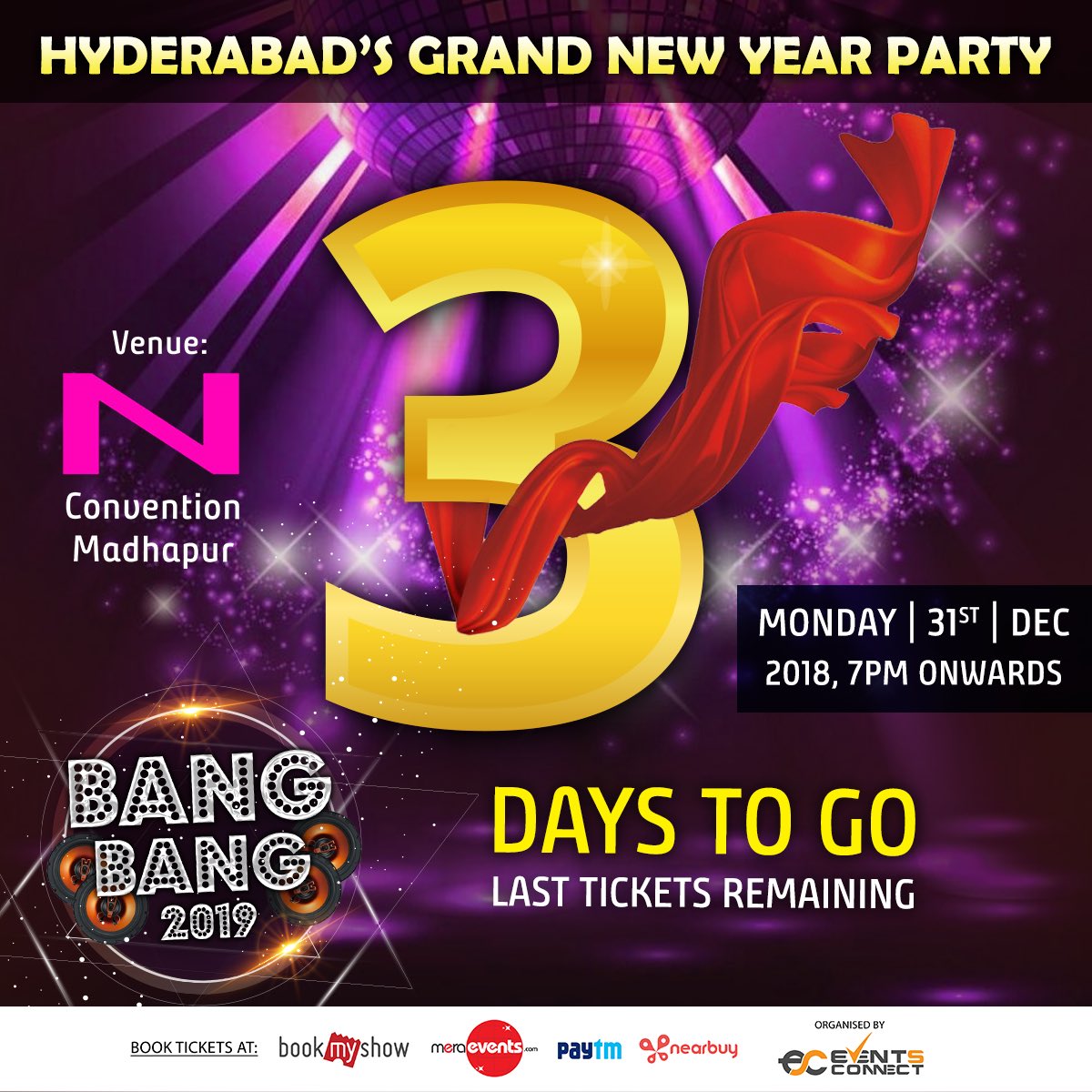 bang_2019's tweet photo. @bang.bang.2019 3 days to go 🎉🎉 Hyderabad’s grand new year party 2019  #nconventionhyderabad go book your tickets now #newyearhyderabad #hyderabad #newyear #nconventionhyderabad #bangbang2019 https://t.co/YTiSpFgmGq