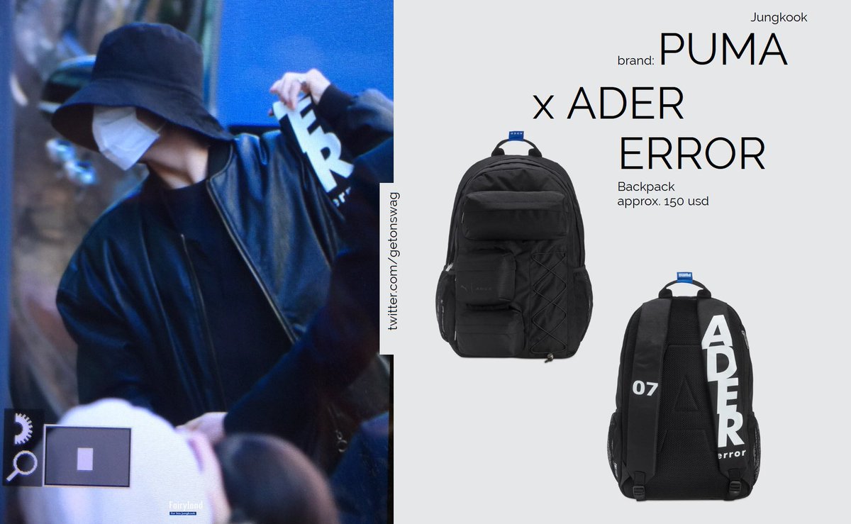 Beyond The Style ✼ Alex ✼ on X: Jungkook 181228 ADER ERROR x PUMA black  backpack  / X