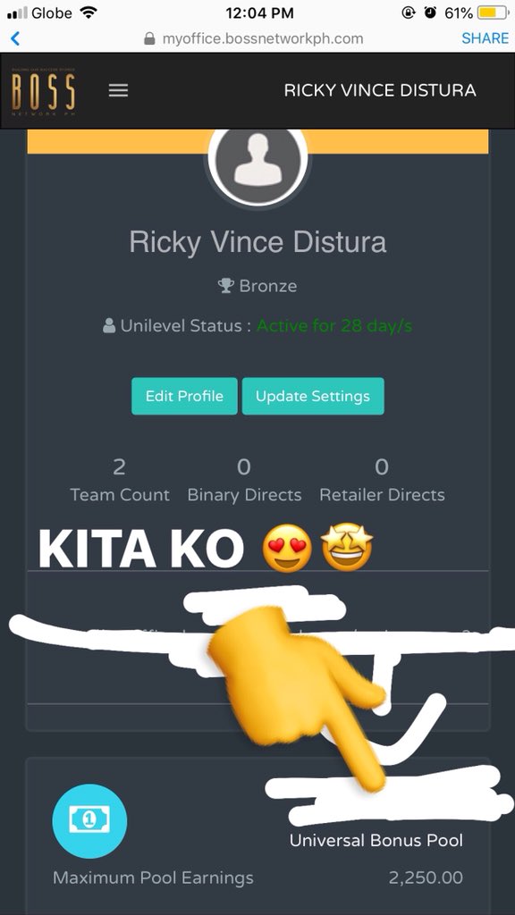 covince2000's tweet image. SABI NG ILAN NA SCAM DAW ANG BOSS NETWORK, BAKIT DI MO TRY? TINGNAN MO NATRY KO AT MAY KIKITA PA SA ONLINE AT MAY PRODUCT KA PANG MATATANGGAP IBENTA MO MAN O HINDI PERO SA ONLINE MAGKAKAROON KA NG KITA ONLINE KA MAN O OFFLINE UMUUSAD PA RIN 😍🤗🤩✅

#BossNetwork