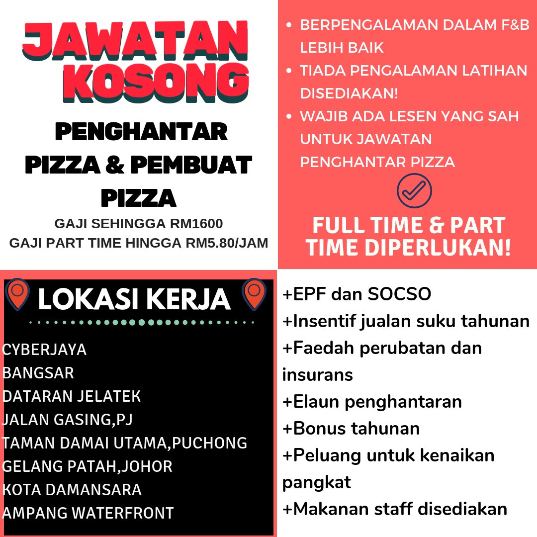 Maukerja On Twitter Thread Kerja Kosong Di Domino S Position Full Part Time Pembuat Penghantar Pizza Lokasi Kl Selangor Johor Baca Thread Di Bawah Untuk Link Kerja Https T Co Ew7acsxiug