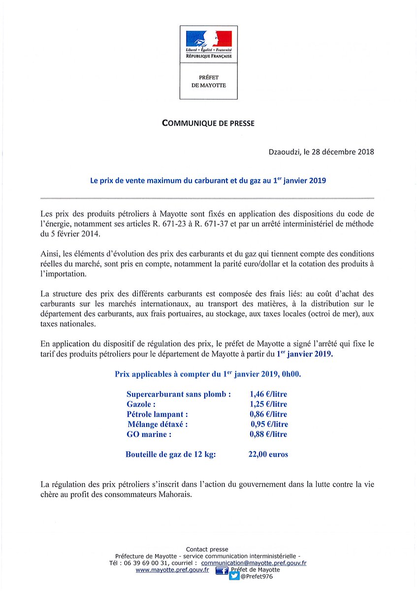 Prefet976's tweet photo. Le prix de vente maximum du carburant et du gaz va changer au 1er janvier 2019 https://t.co/C6JrgRrFOp