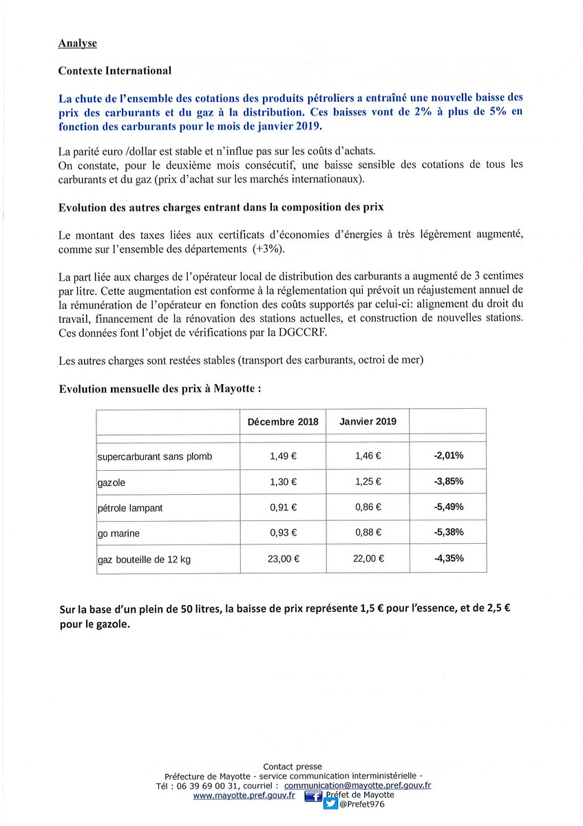 Prefet976's tweet photo. Le prix de vente maximum du carburant et du gaz va changer au 1er janvier 2019 https://t.co/C6JrgRrFOp