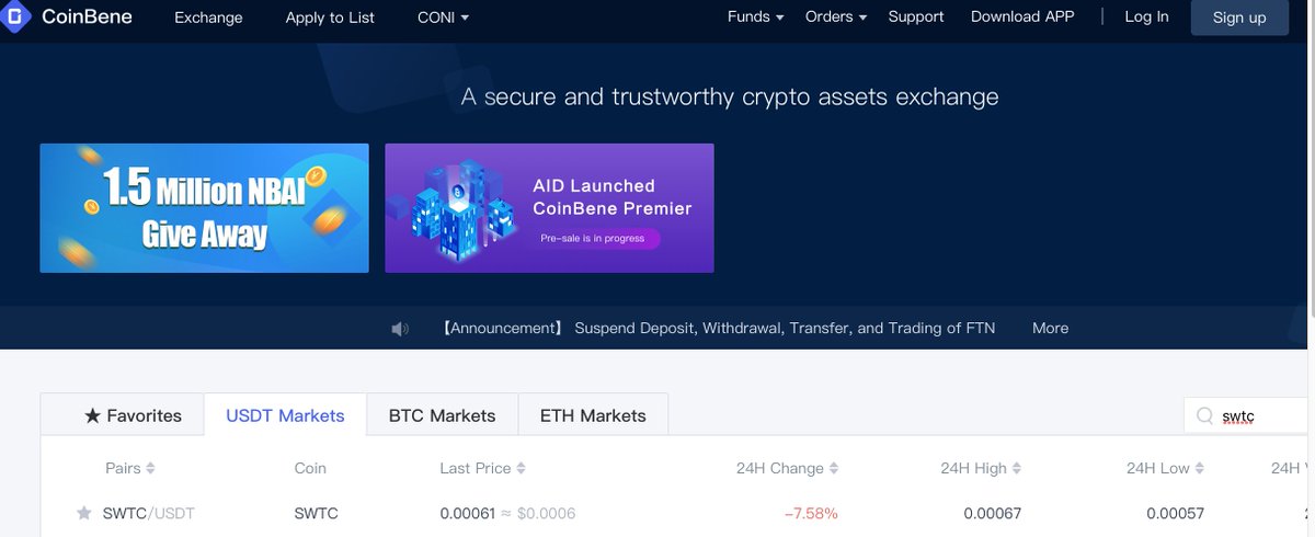 #SWTCCoin listed exchange: #CoinBene

Currency pair: #SWTC-#USDT

coinbene.com/#/?pairId=SWTC…