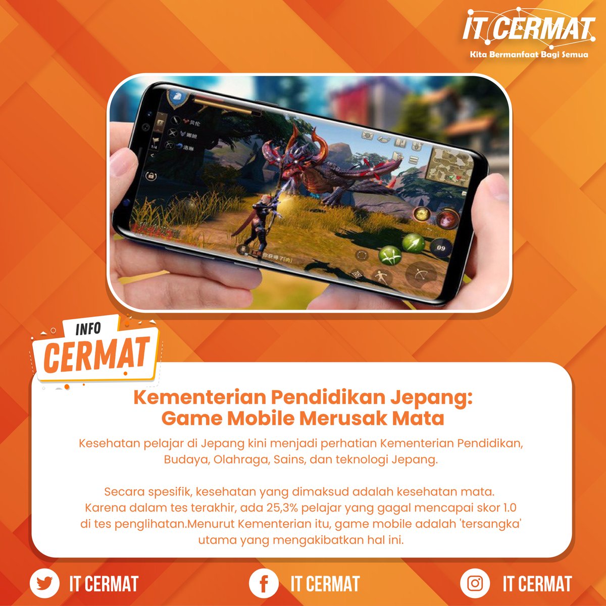 itcermat's tweet photo. Kesehatan pelajar di Jepang kini menjadi perhatian Kementerian Pendidikan, Budaya, Olahraga, Sains, dan teknologi Jepang.

Secara spesifik, kesehatan yang dimaksud adalah kesehatan mata. Karena dalam tes terakhir, ada 25,3% pelajar yang gagal mencapai skor 1.0 di tes penglihatan. https://t.co/0kFKp5tpYg