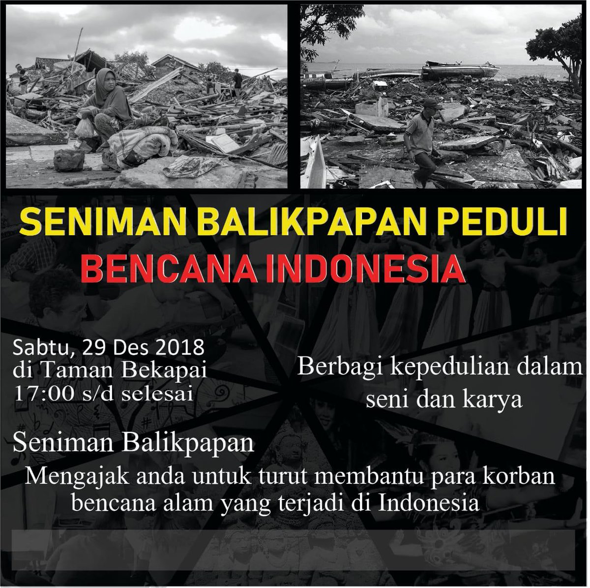 KotaBalikpapan's tweet photo. #EventBPN Seniman Balikpapan Peduli Bencana Indonesia | Sabtu, 29 Desember 2018 | Taman Bekapai, Klandasan | 17.00 sore - selesai.

📷: @Balikpapanku https://t.co/KYIi5iYXuP