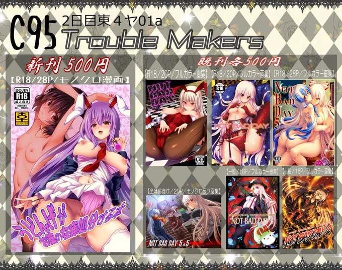 C95お品書きです。当日は右のバニーもこけねのポスターが目印になります。新刊は優曇華てゐ本ですが既刊は言わずもがな、もこけねメインのイラスト集です。2日目・東4ホール【ヤ-01a】にて待ちしております。 