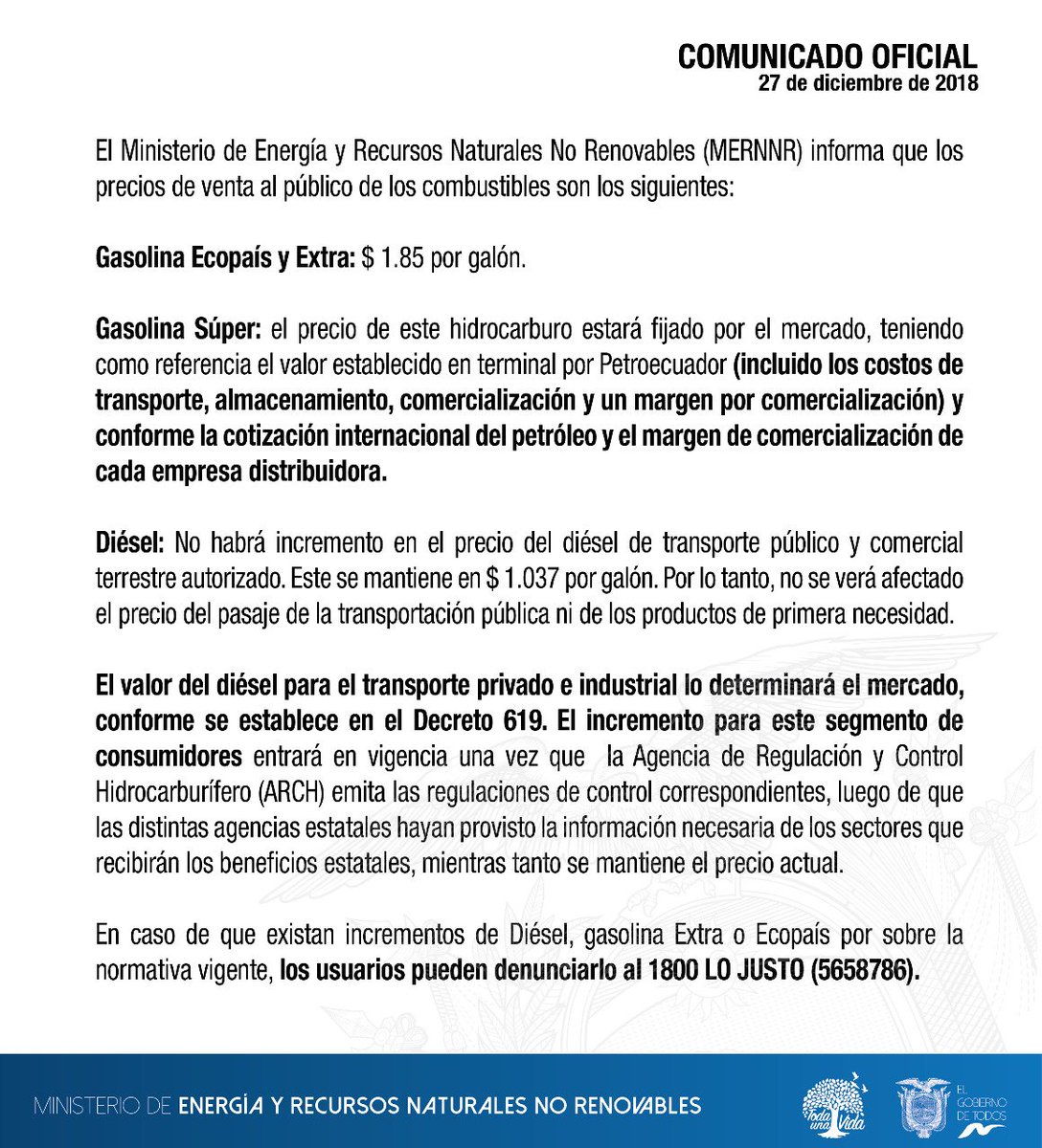 📌 [COMUNICADO OFICIAL]  Información sobre los precios de venta al público de los combustibles. Conozca más detalles #DecisionesPorEcuador
