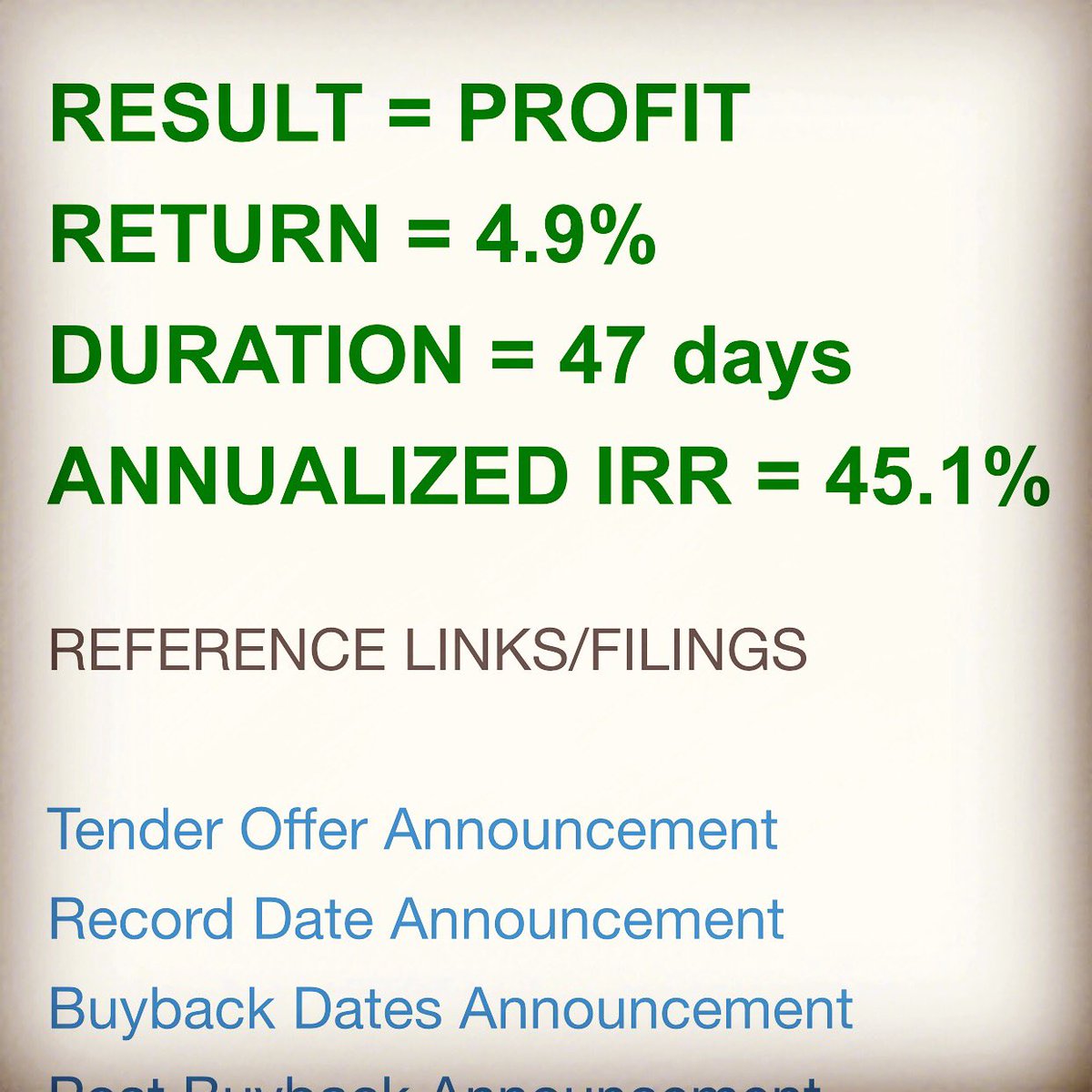 EnterprisingVal's tweet image. NALCO tender offer turned out to be profitable as well with 4.9% return over 47 days, which equals to an annualized return of approx 45%. Congrats to all who participated. 👍🏼👍🏼👍🏼 enterprisingvalue.com/2018/10/nation…