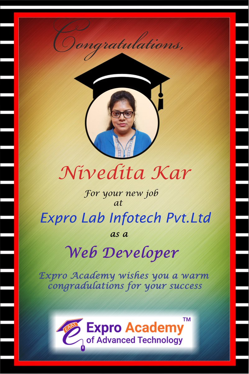 EITMkolkata's tweet photo. Congratulation Nivedita Kar for your new job at Expro Lab Infotech Pvt. Ltd. as a Web Developer, @exproacademykol Wishes you a warm Congratulations for your Success.
#visit: https://t.co/Rze8DCiNq8 https://t.co/nKk6XVWmNz