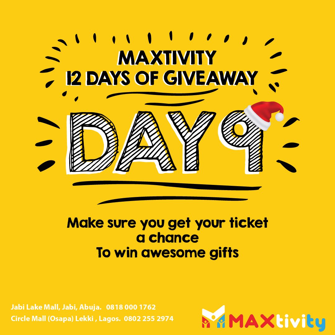 Max_tivity's tweet photo. It's the 9th day of Christmas and Santa's still in his grotto. We still have tickets available at our Lagos and Abuja outlets. Come over for a chance to WIN Amazing gifts. 
#9thdayofChristmas #Giveaways #12daysofchristmas #Xmas #Christmas #December #CircleMall #JabiLakeMall https://t.co/qfCibXP3yS