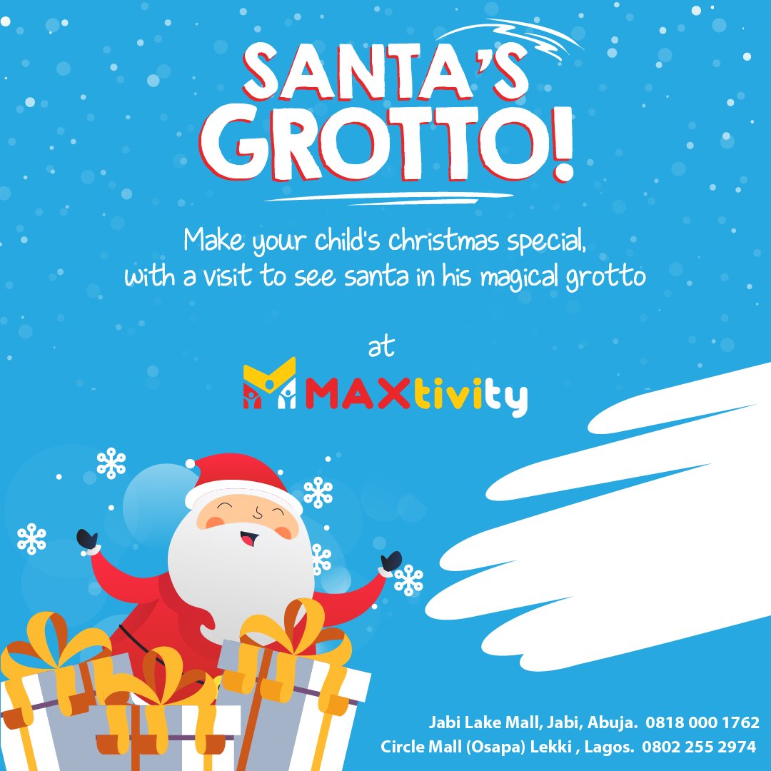 Max_tivity's tweet photo. It's the 9th day of Christmas and Santa's still in his grotto. We still have tickets available at our Lagos and Abuja outlets. Come over for a chance to WIN Amazing gifts. 
#9thdayofChristmas #Giveaways #12daysofchristmas #Xmas #Christmas #December #CircleMall #JabiLakeMall https://t.co/qfCibXP3yS