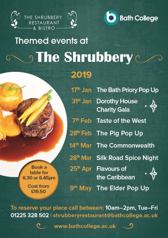 BathCollege's tweet photo. Our restaurant, @BathShrubbery are planning pop up events for 2019. We work with restaurants like the @Thebathpriory @The_Pig_Hotel and #theElder. If you would like to enjoy a beautiful meal at an affordable price whilst supporting our students, then book in! @ThePigGuide @InBath https://t.co/woP2epZjXo