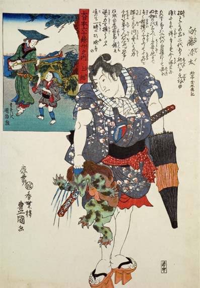 首根っこならぬ、頭のお皿をつかまれた河童。バタバタと手足を動かして