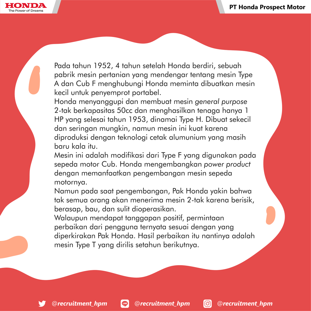 recruitment_hpm's tweet image. Awal 1950-an merupakan periode kacau pasca perang di Jepang yang menghadirkan tantangan seperti peningkatan produksi pangan. Mesin Type-H yang mempermudah pekerjaan di bidang pertanian memberi kontribusi bagi masyarakat kala itu #passionatedreamers.
#honda #typeh