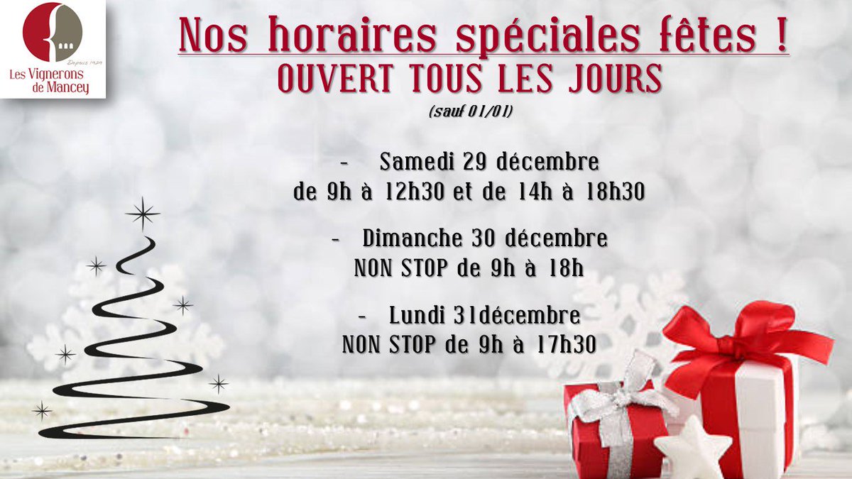 VigneronsMancey's tweet photo. Nous sommes ouverts tous les jours, jusqu'au 31/12 inclus, pour vos derniers petits #cadeaux, et pour préparer votre #reveillon du jour de l'an !
Dimanche 30/12 ouverture NON STOP de 9h à 18h, et lundi 31/12 NON STOP de 9h à 17h30
#vins #winelover #degustation #repasdefetes #wine https://t.co/9swpjwATMJ