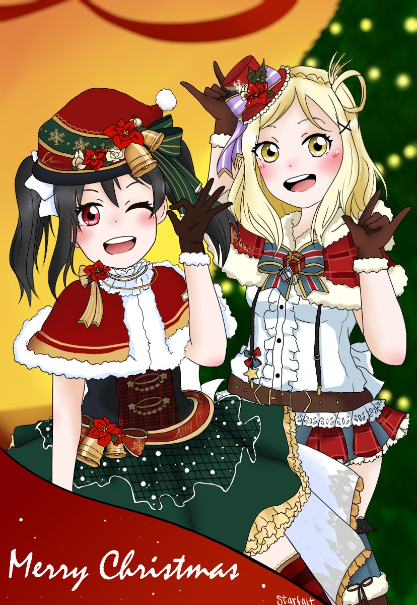 idol_trash's tweet photo. Mari Christmas! I'm Ruby's (Tochan101) @LLSecretSanta18 Super Happy to have drawn these two girls in some of their SIF christmas outfits! They're so detailed, but very worth the effort put into them! https://t.co/lYavfu4f6k