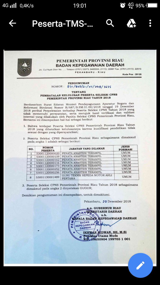Dwisoetrisno's tweet photo. @BKNgoid @BSSN_RI Min, ada apa dg seleksi cpns pemprov riau 2018 min, kami di gagalkan sepihak oleh BKD karena tidak memenuhi syarat, padahal kami sudah ujian skd dan SkB??!!! Min bantu jawab min https://t.co/Wlyw7soaCg