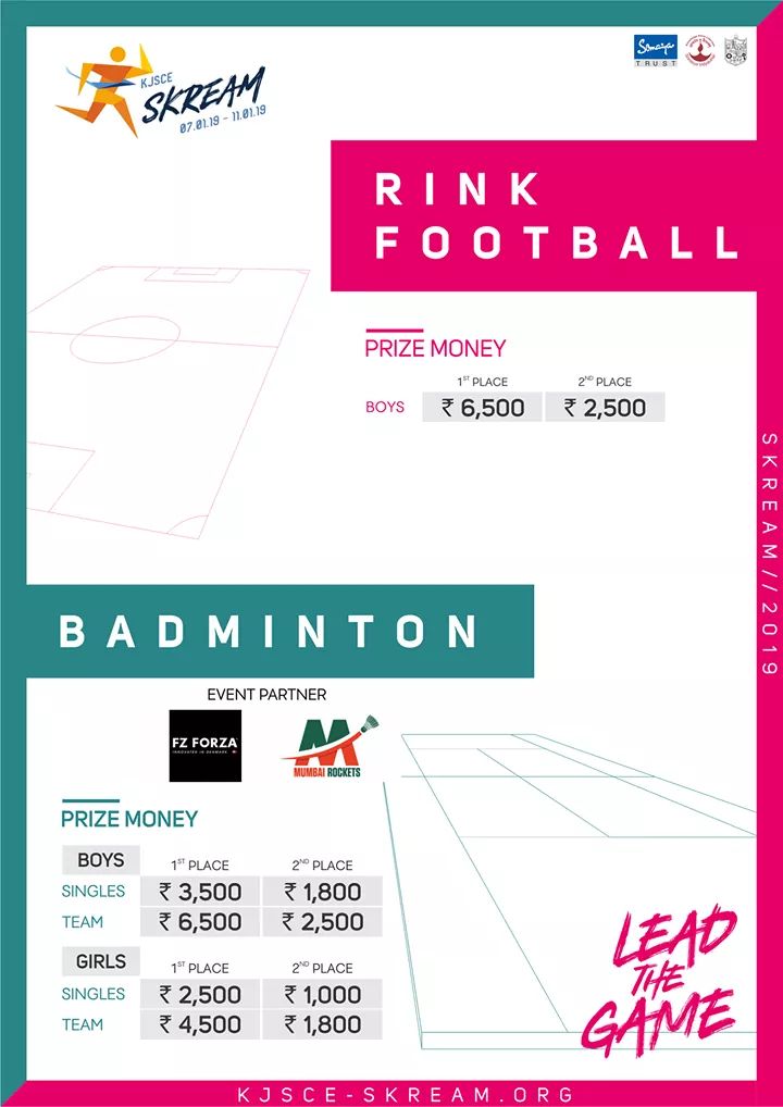 kjsceskream's tweet photo. Get ready to return back all the smashes and witness the contrasting rush of playing Rink-Football and Badminton. With an array of amazing prizes lined up, we hope to see you at #Skream2019!
For more details: https://t.co/9jfeXqYiha
#LeadTheGame #KJSCESkream https://t.co/WxKWxtJaKk