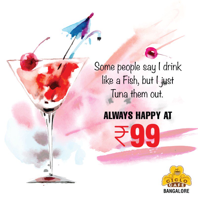 ciclocafe's tweet photo. There's nothing fishy about treating yourself to lip-smacking drinks! Come on down to Ciclo Cafe for drinks starting at Rs. 99, all day long. 

#CicloCafe #AlwaysHappyst99 #RevisedMenu #LowPrices #HappyHour #Alcohol #Martini #Bangalore #Ride #Refresh #Recharge https://t.co/OrzBBEmkNy