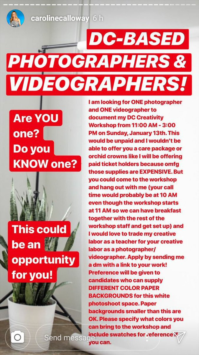 Scammer update!Scammer has almost sold out a majority of her $165 "creativity workshop" tickets but wants to hire two people to document it all unpaid. Oh, but it will be a trade of creative labour! Burn this. Nobody accept this grift. Do not work for free.