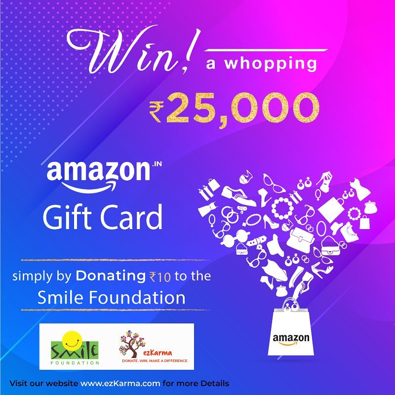 ezkarma2018's tweet photo. Donate from as little as ₹10 and win an Amazon gift card worth ₹25,000. Smile because you will also be donating to the @smilefoundation 
Visit: https://t.co/yrZSUFieeL 

 #smilefoundation #giveaway #win #amazon #karma #socialimpact  #goodnessmarketplace  #fundraising #ezkarma https://t.co/lhIBYkLywR