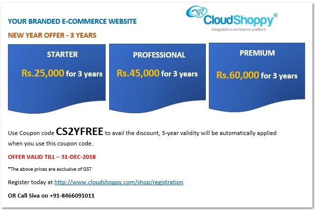 CloudShoppy's tweet photo. #newyearoffer #onlineshop #website #cloudshoppy

New Year exclusive offer from @CloudShoppy for merchants to setup their online shop. Get online shop for 3 years at lowest cost!

Register at https://t.co/mM9Nf51DyI

Use coupon CS2YFREE to avail the offer.

Offer ends 31-DEC-2018 https://t.co/yAIwBYzqRP