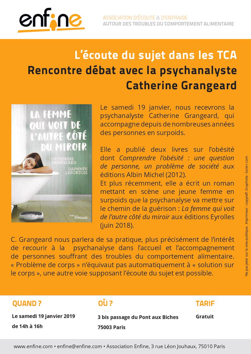 Enfine's tweet photo. Discussion autour des #TCA et de l'#hyperphagie le 19 janvier à Paris de 14h à 16h avec Catherine Grangeard ! Venez nombreux. https://t.co/4s5AgpOBF5