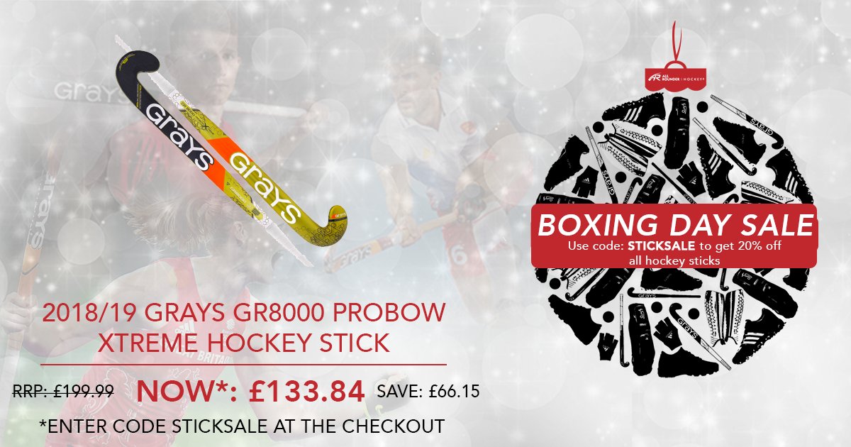 Our largest boxing day sale ever is well underway!

Use code: BOXINGDAY for an extra discount on al items OR Use code: STICKSALE for 20% off allhockey sticks

Save £66 on the 18/19 Grays GR8000 Probow Xtreme Hockey Stick - Shop now: bit.ly/2EUzX9L