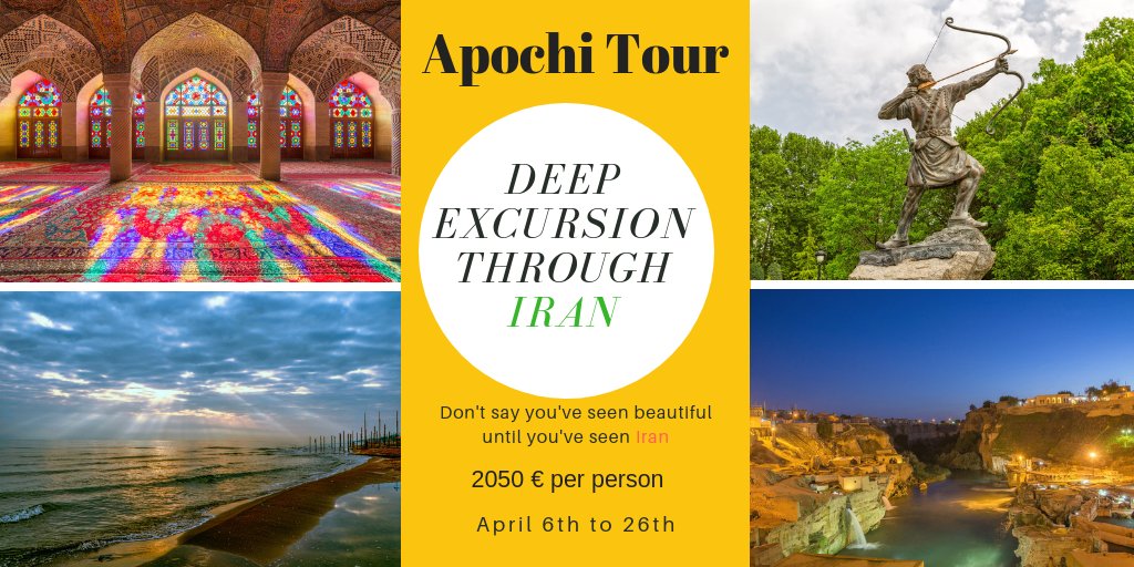 apochitravel's tweet photo. Want to visit #Iran in 3 weeks? Join us in our Deep Excursion Through Iran to experience an unforgettable tour. You will visit #Tehran, #Anzali, #Ardebil, #Tabriz, #Hamadan, #Kermanshah, #Dezful, #Yazd, #Isfahan, and #Shiraz.
Visit: https://t.co/0V6YI5kFN1
#ApochiTours #IranTour https://t.co/QZusOxcLsR