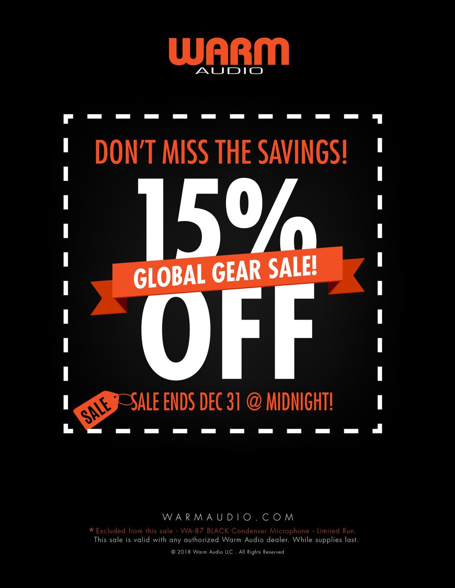 The clock is ticking on @WarmAudio's #GlobalGearSale - get awesome gear like the #WA87, #WA76, and #WA73EQ at 15% off! Check the link to find your nearest dealer, but hurry, because this offer ends on 12/31!
https://warmaudio.com/worldwide-dealers/ …