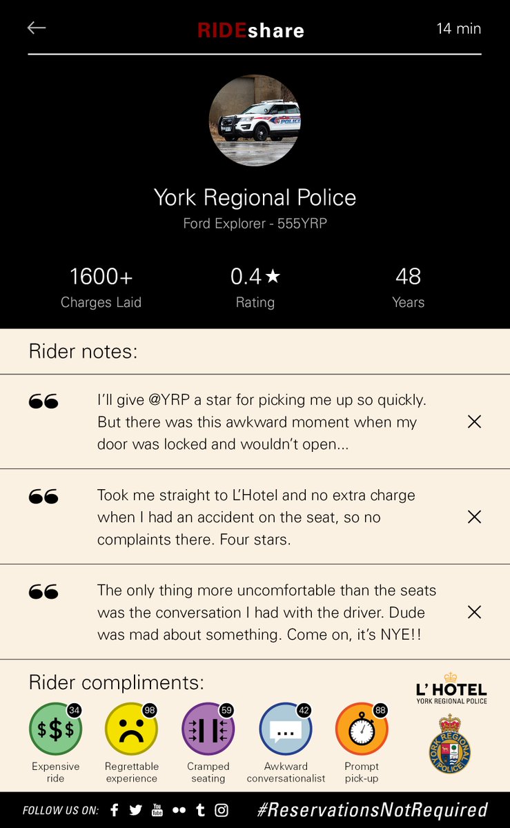 YRP's tweet photo. At L'Hotel de YRP, we pride ourselves on meeting the unique needs of our guests. That's why we welcome rider feedback from impaired drivers using our RIDEshare service this #NewYearsEve. #ReservationsNotRequired https://t.co/AgrGf3fGht