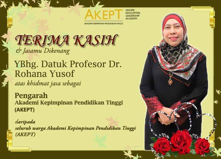 AKEPT_MoHE's tweet photo. Terima kasih YBhg. Datuk Profesor Dr. Rohana Yusof atas segala jasa dan khidmat semasa menggalas tanggungjawab sebagai Pengarah Akademi Kepimpinan Pendidikan Tinggi (AKEPT) dalam memastikan pendidikan negara terus cemerlang. Selamat maju jaya kami ucapkan.
#AKEPT
#KPMSPT https://t.co/90HrYPAnbj