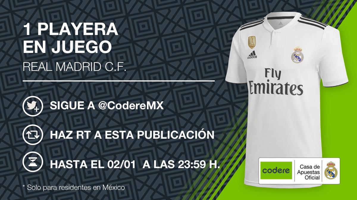 realmadrid's tweet photo. 🎁🤗👕 ¡Recibe el año nuevo con un REGALAZO muy madridista!
➡   Sigue a @CodereMX
➡   Haz RT
Sorteo de una playera oficial del @RealMadrid. https://t.co/zyosA88P2F