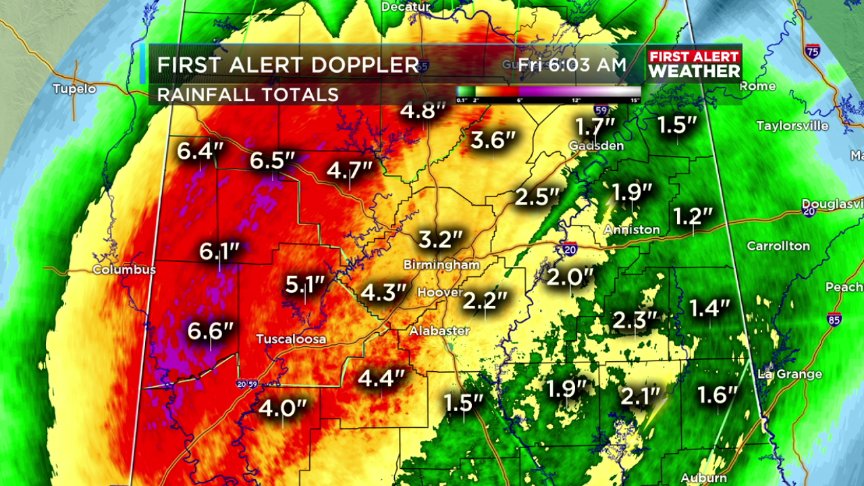 jillgilardi's tweet photo. Rainfall estimates as of 6AM!  Heavier rain is slowly shifting eastward.  #alwx #WBRCFirstAlert @WBRCweather @WBRCnews https://t.co/F8r54RZeNv