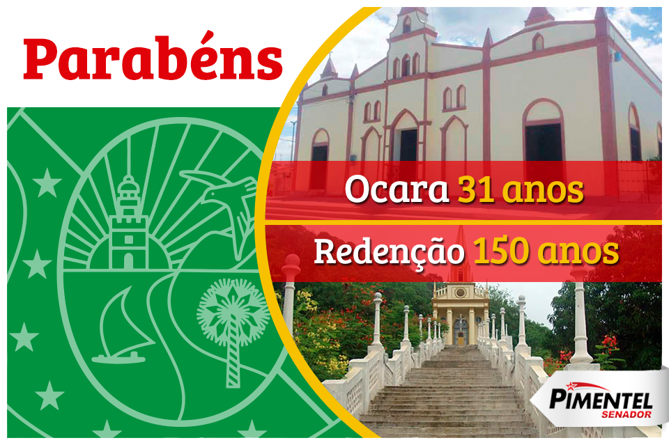 Parabenizo a todos os moradores das cidades Ocara e Redenção, no Ceará, pelo aniversário de emancipação de 31 e 150 anos, respectivamente. #Ocara #Redencao #Ceara #FelizAniversario
