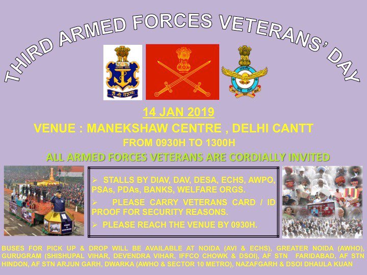 adgpi's tweet photo. #OurVeterans #OurPride 
Armed Forces #Veterans Day celebration is on 14 Jan 19 at Manekshaw Center. It is an annual Tri-services event. #IndianArmy is the lead service for conduct of the event at Delhi. All Armed Forces Veterans are cordially Invited. @SpokespersonMoD @PIB_India https://t.co/6qnZZ89m9K
